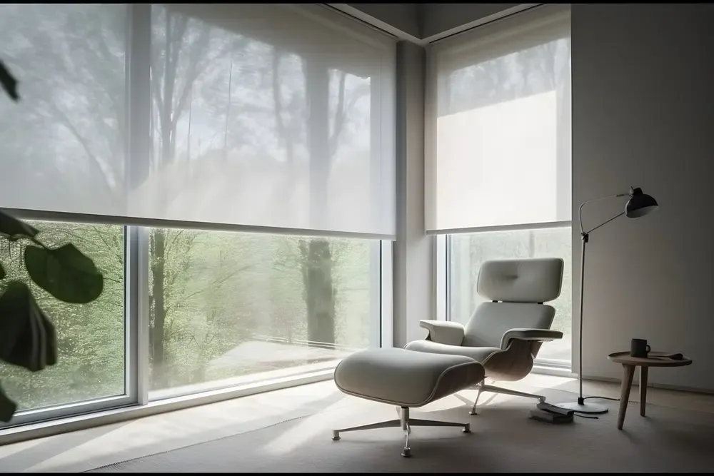 Motorized Smart Shades on a window from Black Pearl Blinds who sells window coverings and blinds in Vancouver.