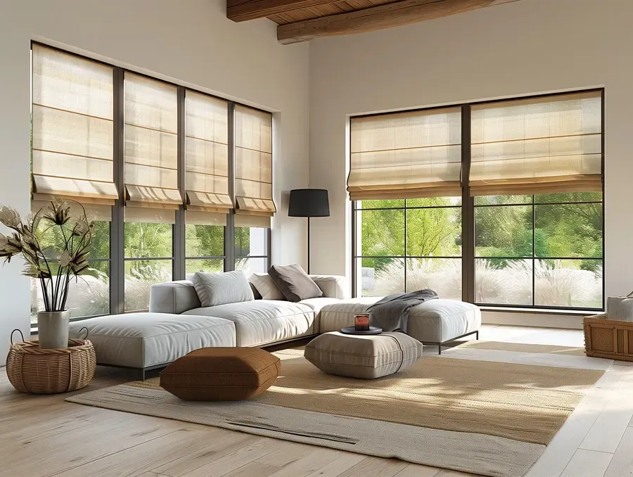 Roman shades on a window from Black Pearl Blinds who sells window coverings and blinds in Vancouver.